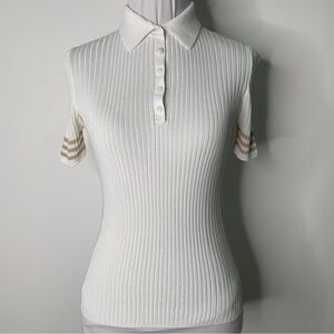 Rag & Bone Women's White Ribbed Polo Short Sleeve Shirt Striped Sleeves Size XS